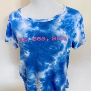 Ana Cabana Top Size XL Sun, Sea, Sand Tie Dye T Shirt Blue & white Pink Words